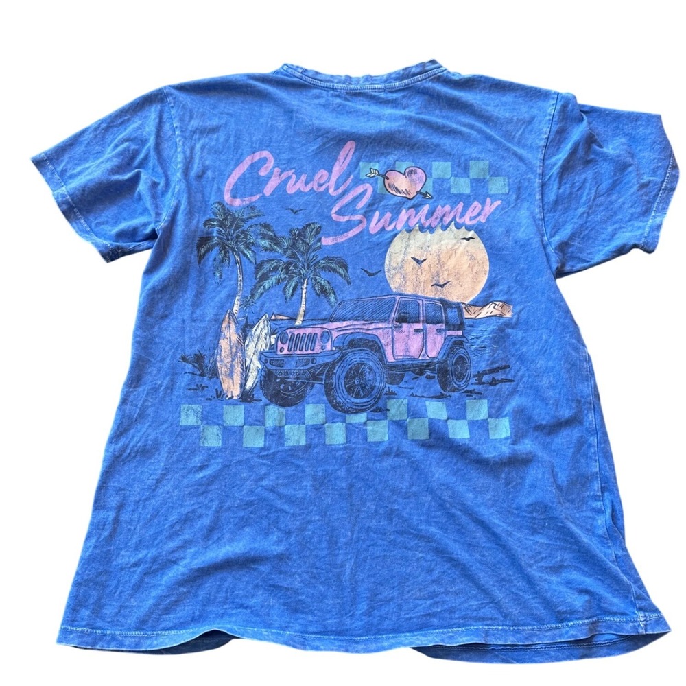 Altar'd State Cruel Summer Graphic Tee Blue Mineral Wash Jeep Beach XS Mens